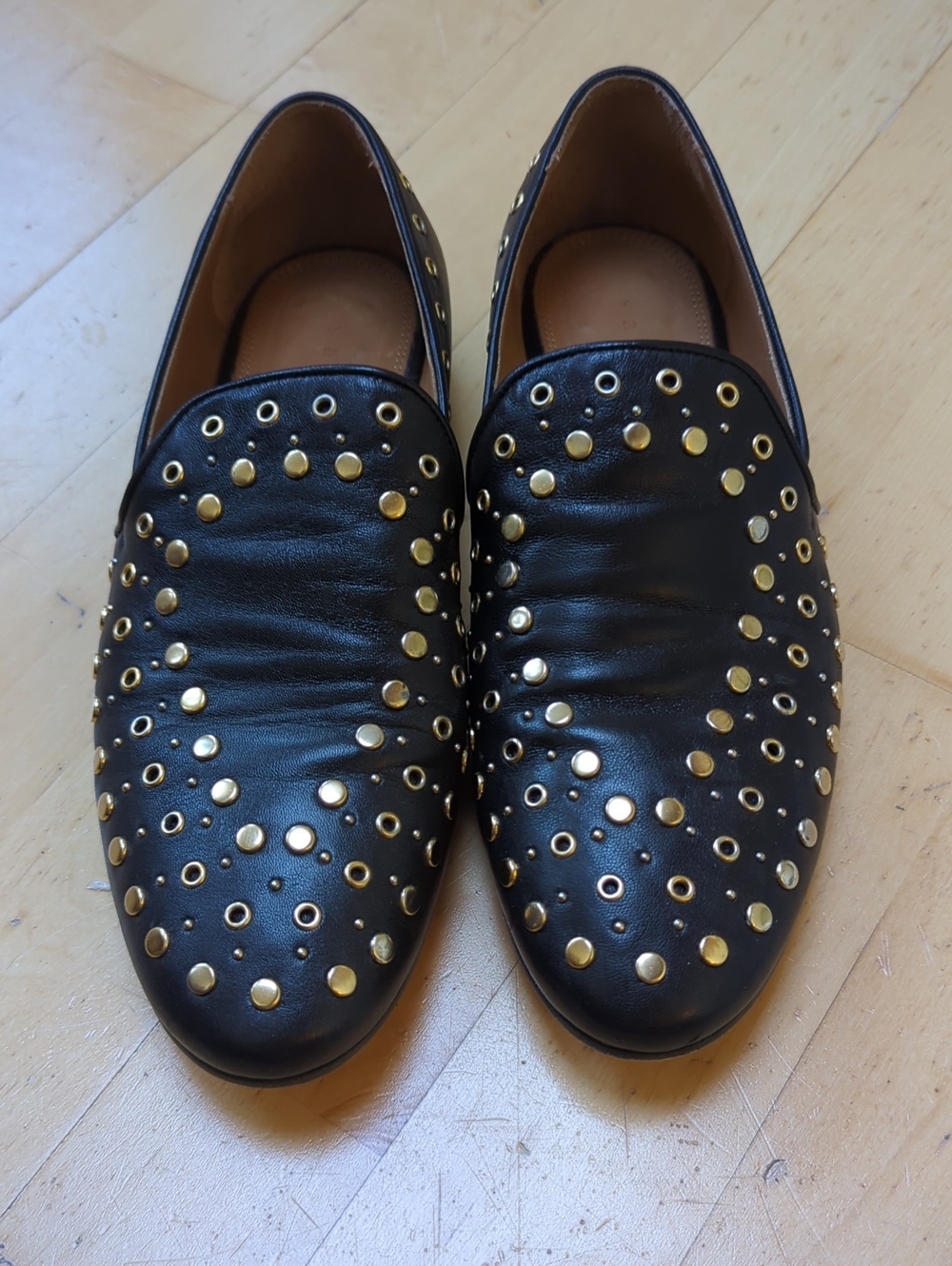 Sandro Women's Black Leather Slip-On Loafers with Gold Studsp